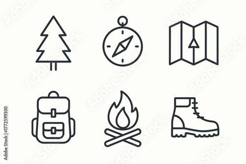 Outdoor adventure icons: tree, compass, map, backpack, campfire, boot