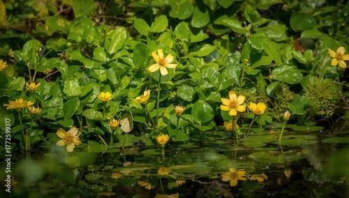 Fototapeta Naklejka Na Ścianę i Meble -  Yellow marsh-marigold blossoms (Caltha palustris) in full bloom