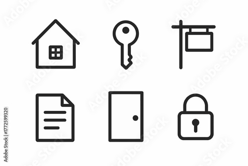 Minimalist real estate icons: house, key, sign, document, door, lock