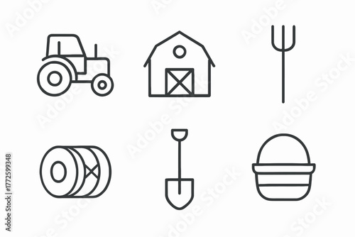 Farm equipment icons set featuring tractor, barn, pitchfork, hay bale, shovel, and basket