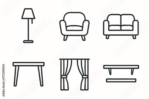 Minimalist living room furniture icons set: lamp, chair, sofa, table, curtains, shelf