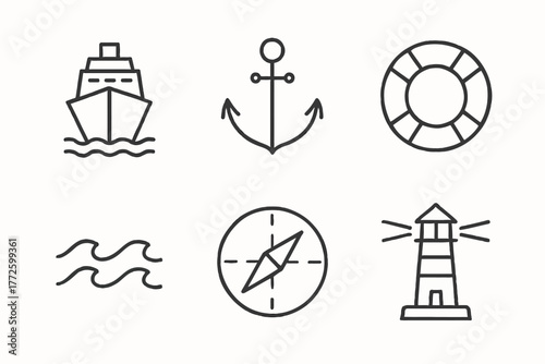 Nautical icons set featuring anchor, ship, and lighthouse illustrations