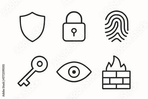 Cybersecurity icon set: shield, lock, fingerprint, key, eye, firewall