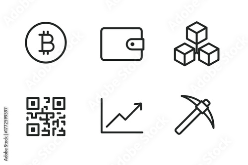 Bitcoin wallet and blockchain icons featuring qr code and mining pickaxe