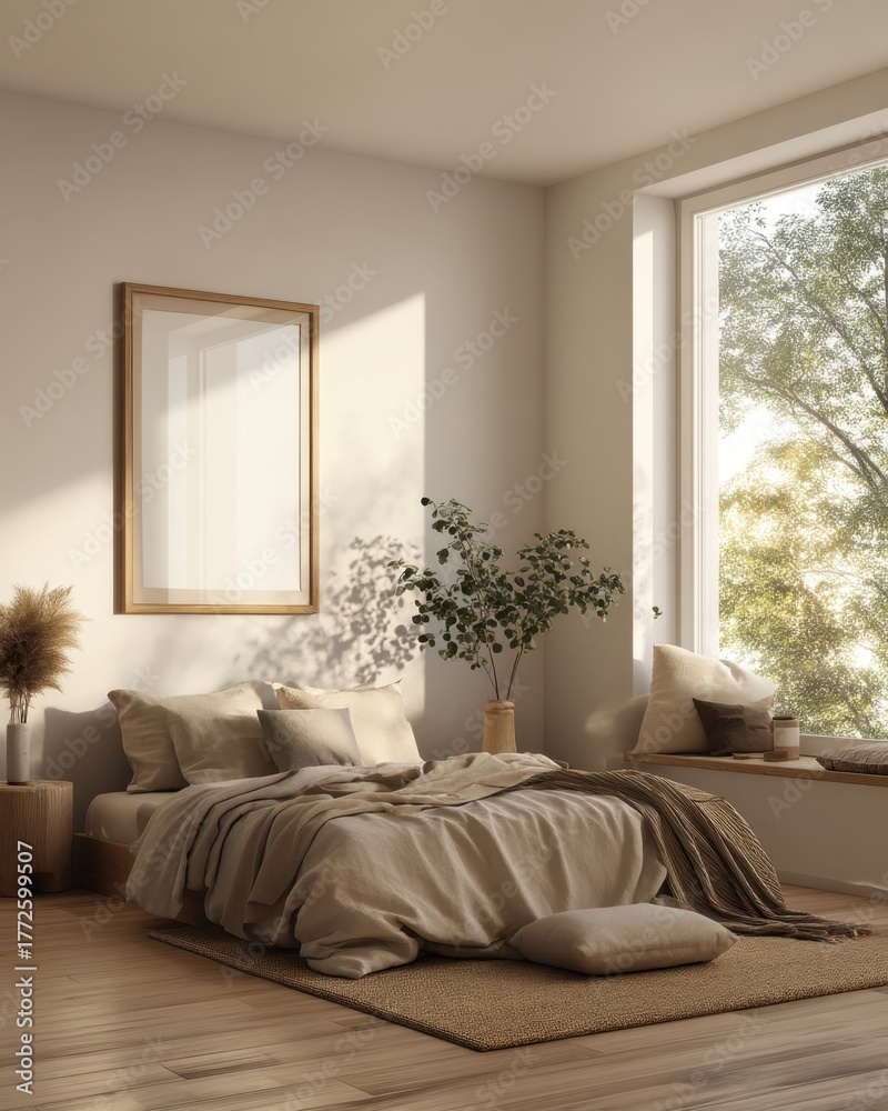 Fototapeta premium A bedroom with a white wall and a large window