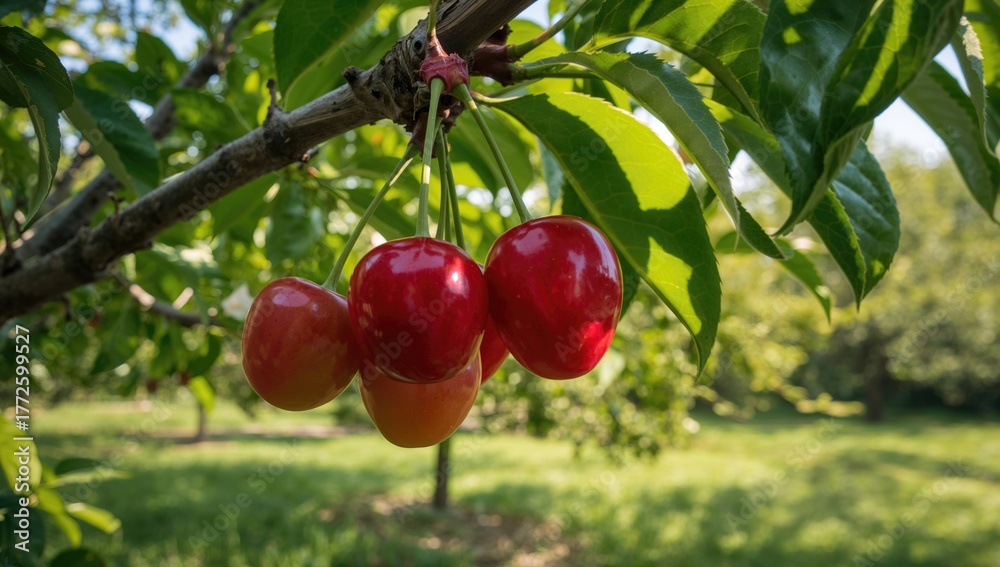 Obraz premium Mature cherries dangling from a tree limb with a leafy backdrop