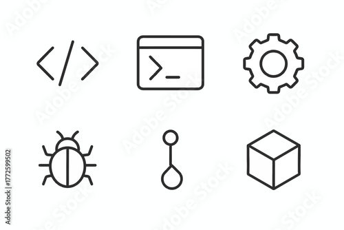 Set of programming, debugging, and development icons in line art style