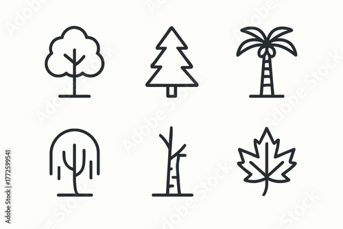 Outline icons of various tree species including oak, pine, and palm
