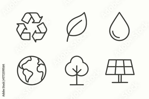 Eco-friendly icons: recycle, leaf, water, earth, tree, solar panel