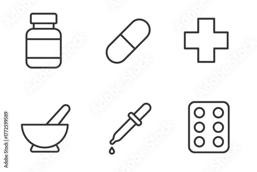 Medical symbols: bottle, pill, cross, mortar, dropper, tablet blister icons