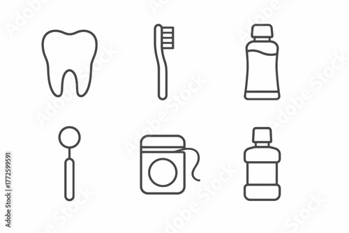 Essential dental care icons: tooth, toothbrush, mouthwash, mirror, floss