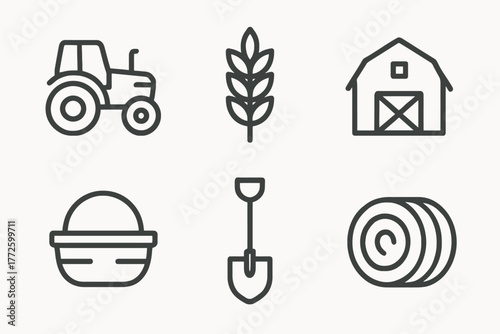 Farm equipment icons: tractor, wheat, barn, basket, shovel, hay bale