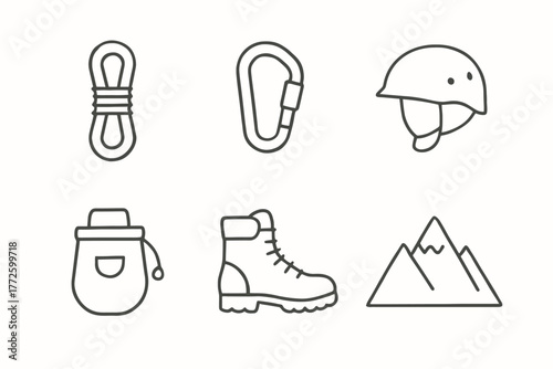 Climbing gear icons: rope, carabiner, helmet, chalk bag, boot, mountain