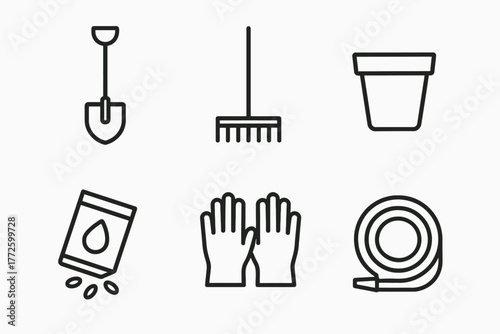 Garden tool icons: shovel, rake, pot, seeds, gloves, and hose