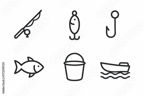 Fishing icon set: rod, lure, hook, fish, bucket, boat illustrations