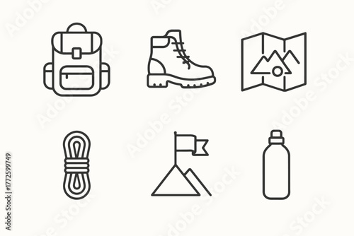 Outline icons of backpack, hiking boots, map, rope, mountain flag, and water bottle
