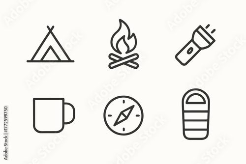 Camping essentials icons: tent, campfire, flashlight, mug, compass, sleeping bag