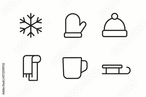 Winter icons: snowflake, mittens, hat, scarf, mug, sleigh in minimal style