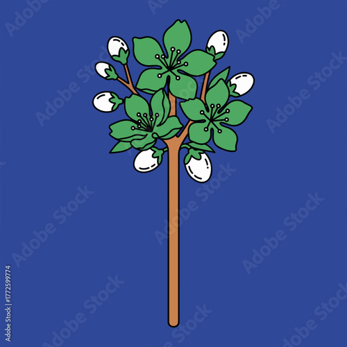 Biblical illustration of Aaron's staff. A budding and flowering almond branch. Flat design religious symbol