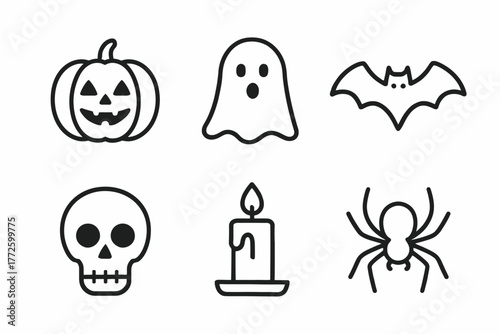 Set of six halloween icons: pumpkin, ghost, bat, skull, candle, spider