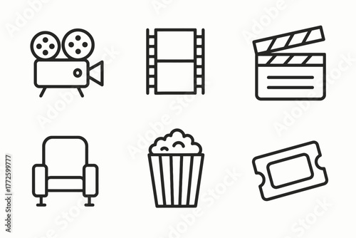 Cinema icons: projector, film strip, clapboard, seat, popcorn, ticket