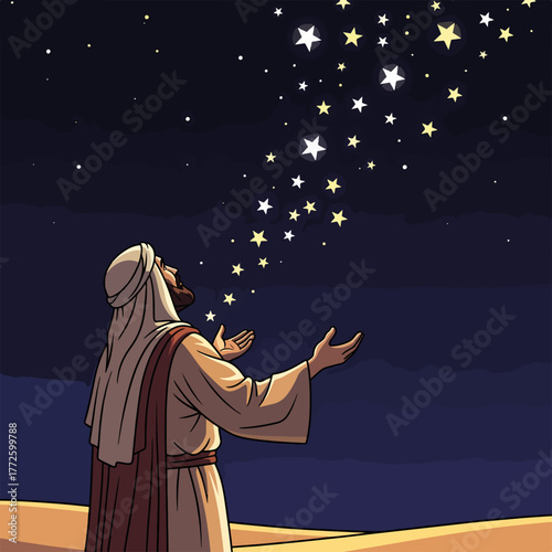 The biblical story of Abraham and God's promise. A cartoon illustration of the prophet looking at the stars in the night sky. Old Testament religious scene
