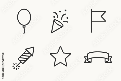 Celebration icons: balloon, party popper, flag, firework, star, ribbon