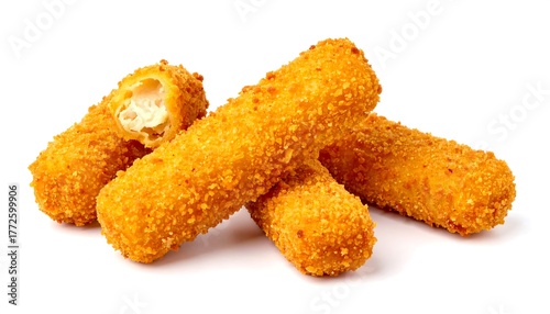 Four golden-brown, breaded, cylindrical food items. One cut open, revealing white, creamy filling. They are arranged on white