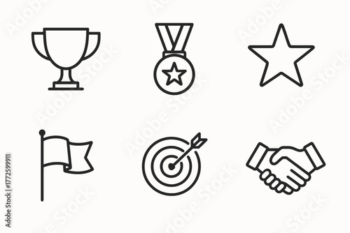 Set of achievement icons: trophy, medal, star, flag, target, handshake symbols