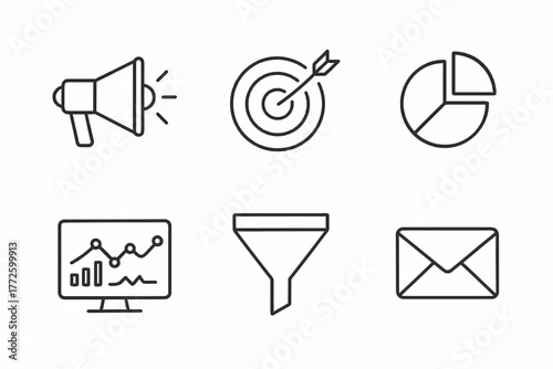 Digital marketing icons: megaphone, target, pie chart, graph, funnel, envelope