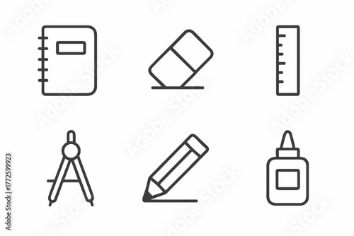 Minimalist icons of stationery: notebook, eraser, ruler, compass, pencil, glue