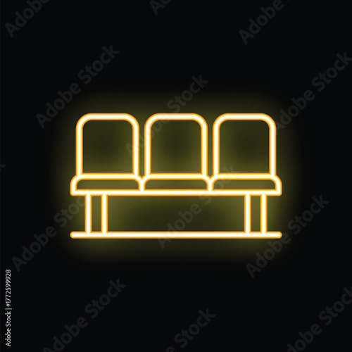 Yellow glowing neon icon of a bench with three empty seats on a black background