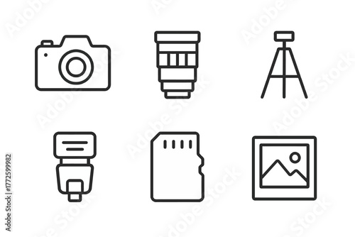 Icon set: camera, lens, tripod, flash, memory card, and picture frame