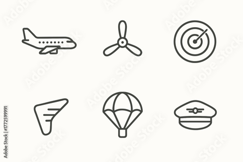 Aviation icons: airplane, propeller, radar, boomerang, parachute, pilot hat