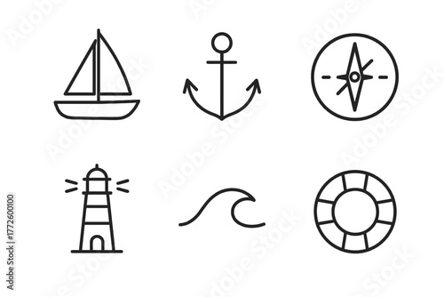 Nautical icons: sailboat, anchor, compass, lighthouse, wave, lifebuoy vector set