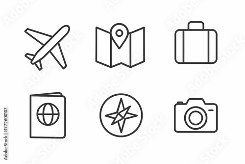 Travel icon set featuring airplane, map, suitcase, passport, compass, and camera