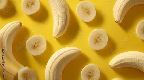 Lively Banana Slice Composition on Glowing Yellow Canvas for Vibrant and Healthy Modern Branding Visual