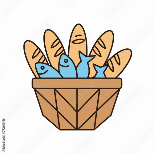 Icon of the five loaves and two fish in a basket. Biblical miracle of feeding the multitude. Christian flat design symbol