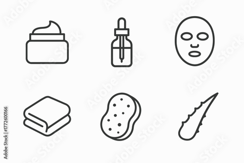 Skincare essentials icons: cream, serum, mask, cloth, sponge, aloe