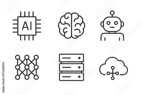 Simple line icons of ai, brain, robot, neural network, servers, and cloud computing