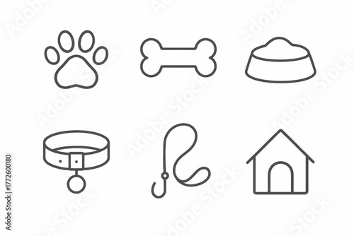Minimalist pet icons: paw, bone, bowl, collar, leash, dog house