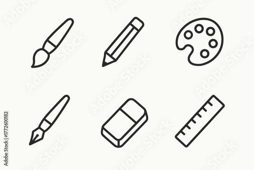 Art tools: brushes, pencil, palette, pen, eraser, ruler - sketch icon set