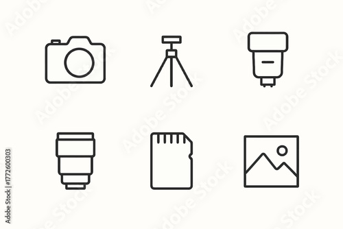 Icons of camera, tripod, flash, lens, memory card, and landscape photo