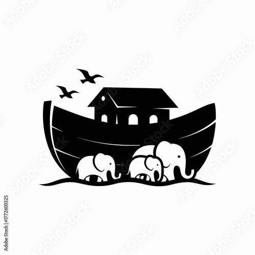 Silhouette of Noah's Ark with an elephant family. Biblical story icon for christianity and religion. Simple black and white graphic design