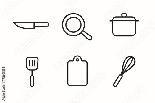 Minimalist kitchen utensil icons: knife, pan, pot, spatula, cutting board, whisk
