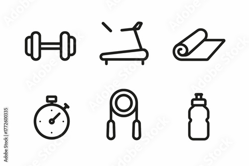 Fitness equipment icons: dumbbell, treadmill, yoga mat, stopwatch, jump rope, water bottle