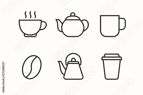 Minimalist coffee and tea icons: cup, teapot, mug, coffee bean, kettle, tumbler