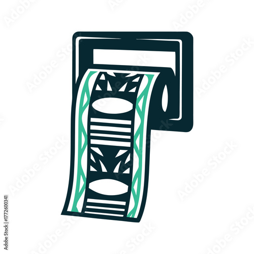 Receipt Printer with Decorative Paper Roll A gray shopping receipt paper rolls from a dispenser