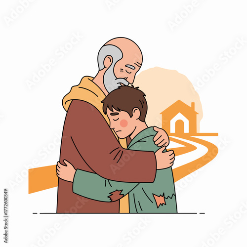 The biblical parable of the Prodigal Son. A father embraces his repentant son with love. Flat design cartoon graphic