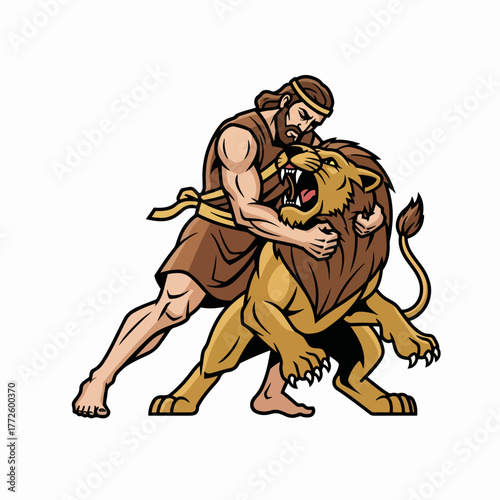 Samson and the lion biblical illustration. A powerful hero fighting a beast. Mascot graphic for strength and courage